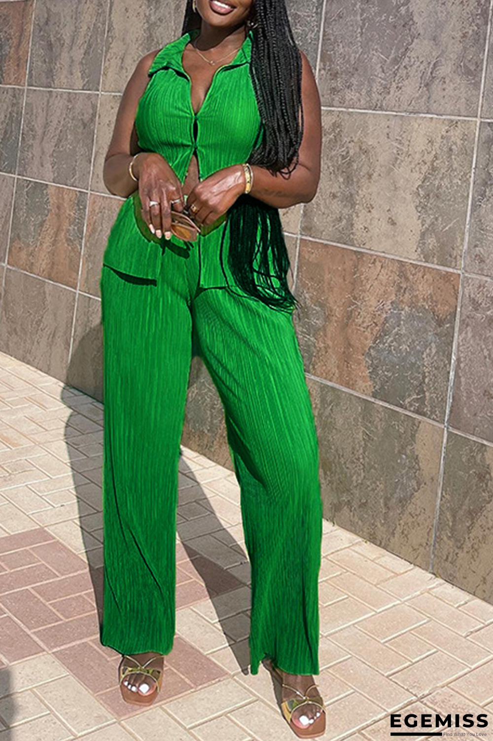 Green Fashion Solid Patchwork Turndown Collar Sleeveless Two Pieces | EGEMISS