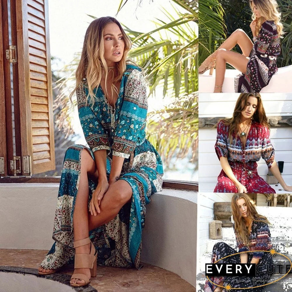 Women new Bohemian printing long dress women long dress floral print retro hippie chic clothing boho dress