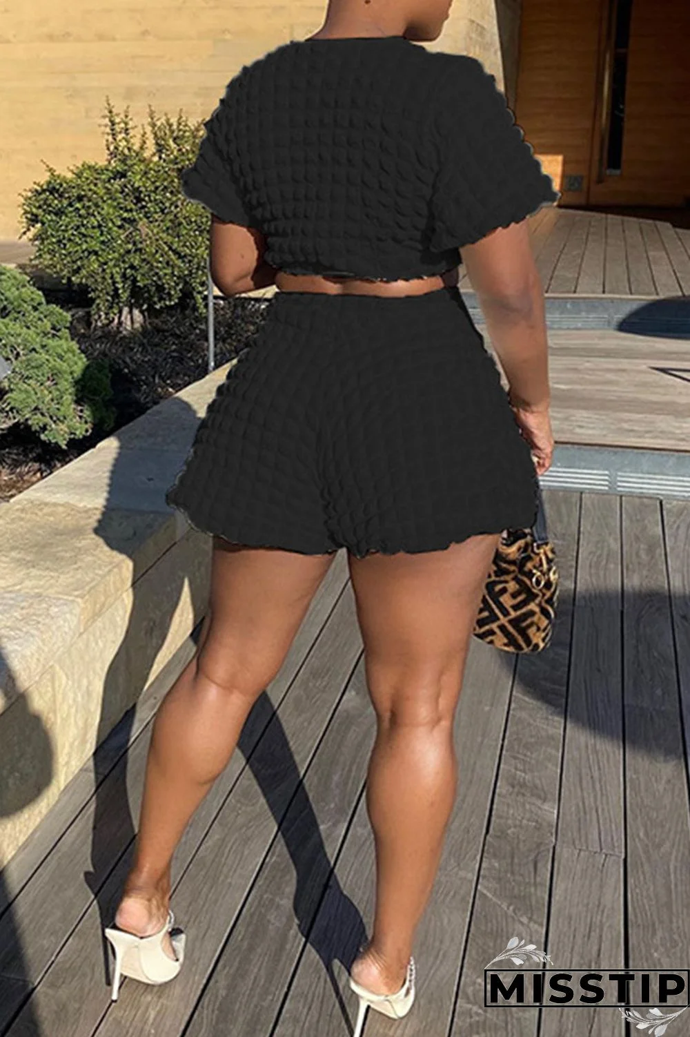 Black Casual Solid Patchwork O Neck Short Sleeve Two Pieces