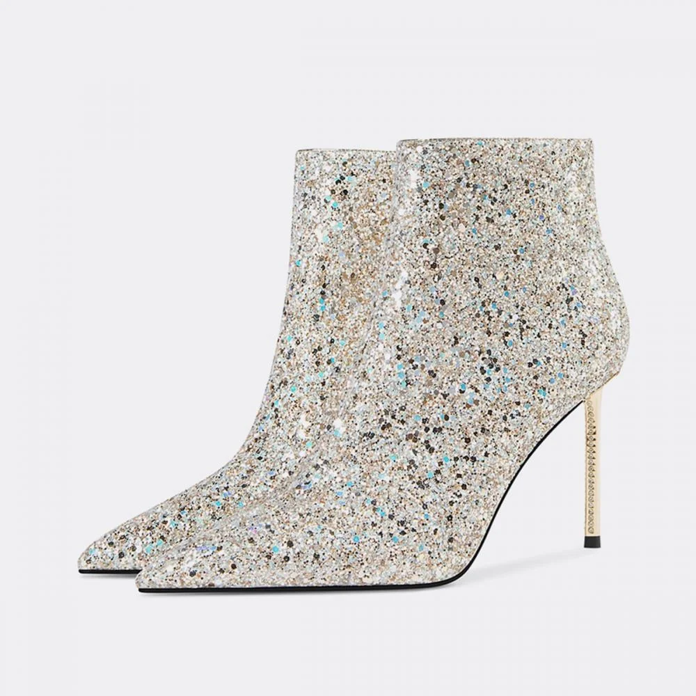 Silver Glitter Pointy Toe Stiletto Heel Evening Boots Nicepairs