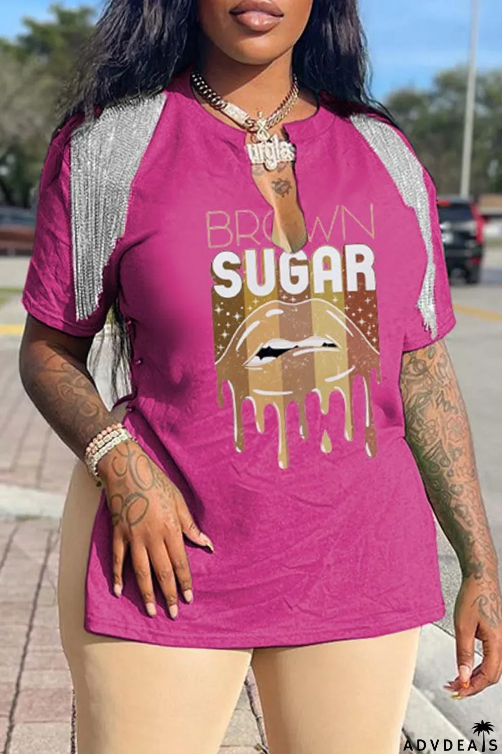 Grey Casual Print Tassel Patchwork V Neck T-Shirts