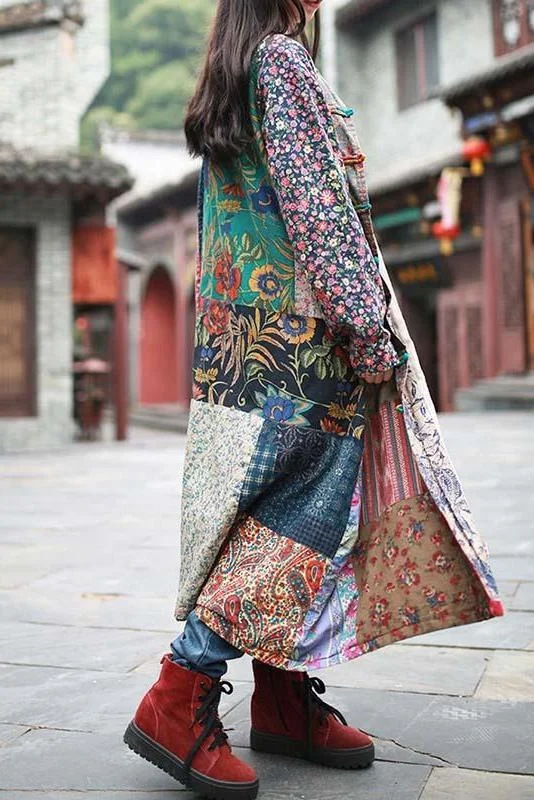 Plus Size - Women Retro Color Contrast Floral Coat