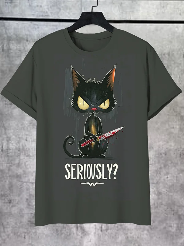 Men's Seriously Cat Holding A Bloody Knife Print T-Shirt