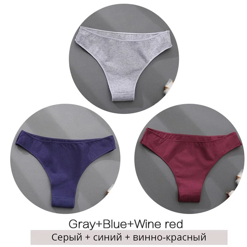 FINETOO 3Pcs/set Cotton Brazilian Panties M-2XL Women Underwear Ladies Soild Color T-back Underpants Sexy Low-rise Panty 2021