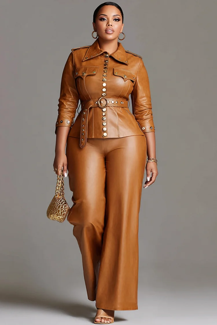 Xpluswear Design Plus Size Business Casual Brown Shirt Collar Studded Elegant Pocket PU Leather Two Piece Pant Suits 2024 - Xpluswear