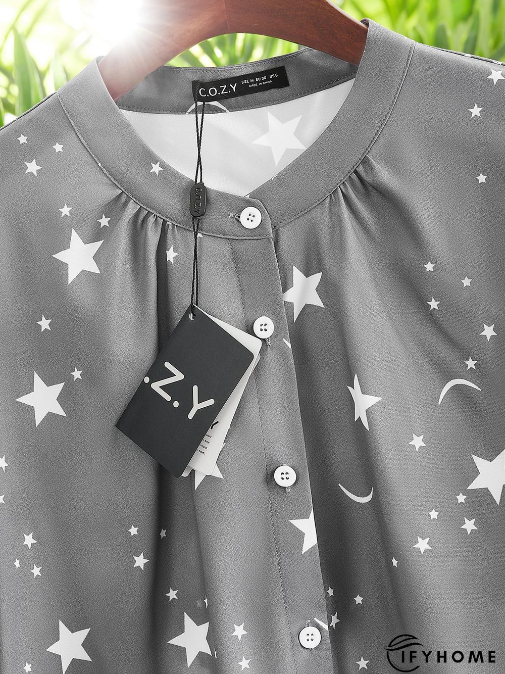 Gray Star&Moon Printed Stand Collar Half Sleeve Casual Shift Top | IFYHOME