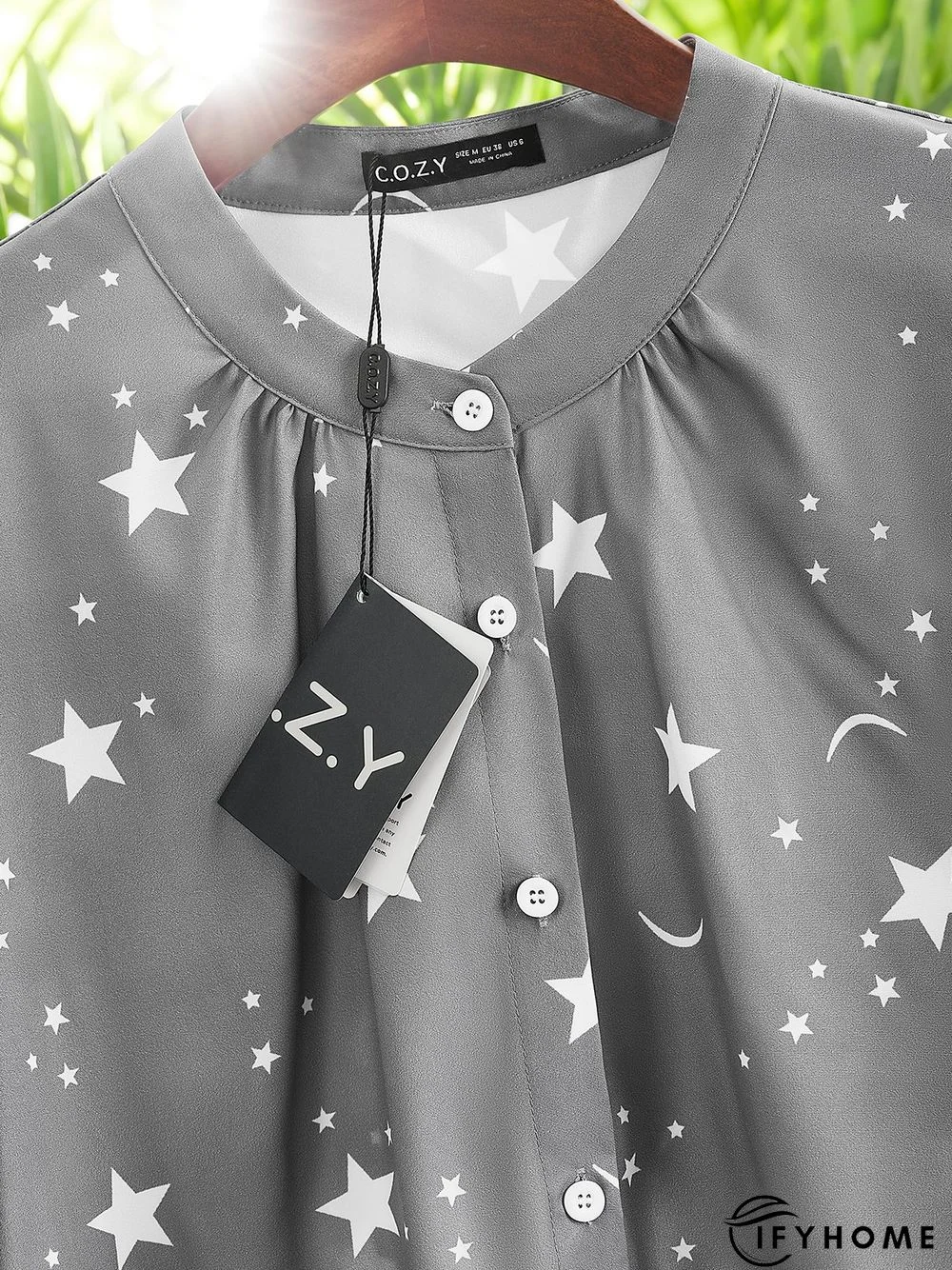 Gray Star&Moon Printed Stand Collar Half Sleeve Casual Shift Top | IFYHOME