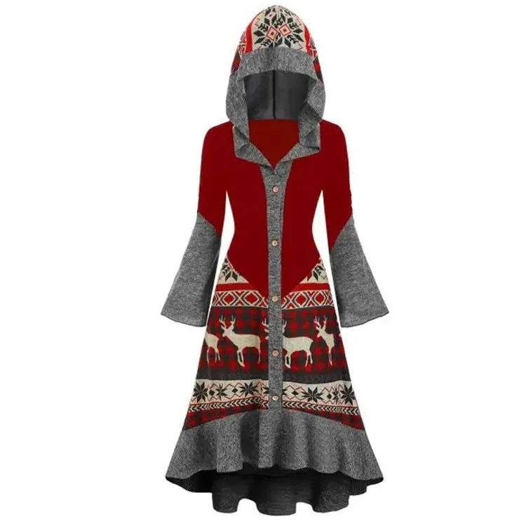 Women's Christmas Print Dress Long Hooded Milou Dress