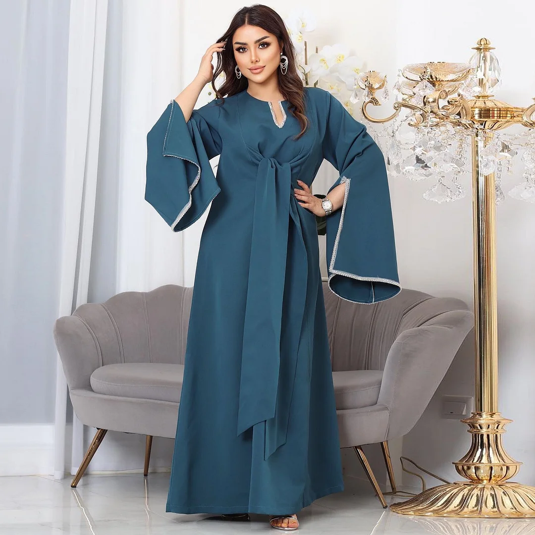Colourp 2022 Eid Dubai Abayas for Women Ramadan Muslim Fashion Dress Flare Sleeve Elegant Caftan Marocain Evening Gowns African Boubou