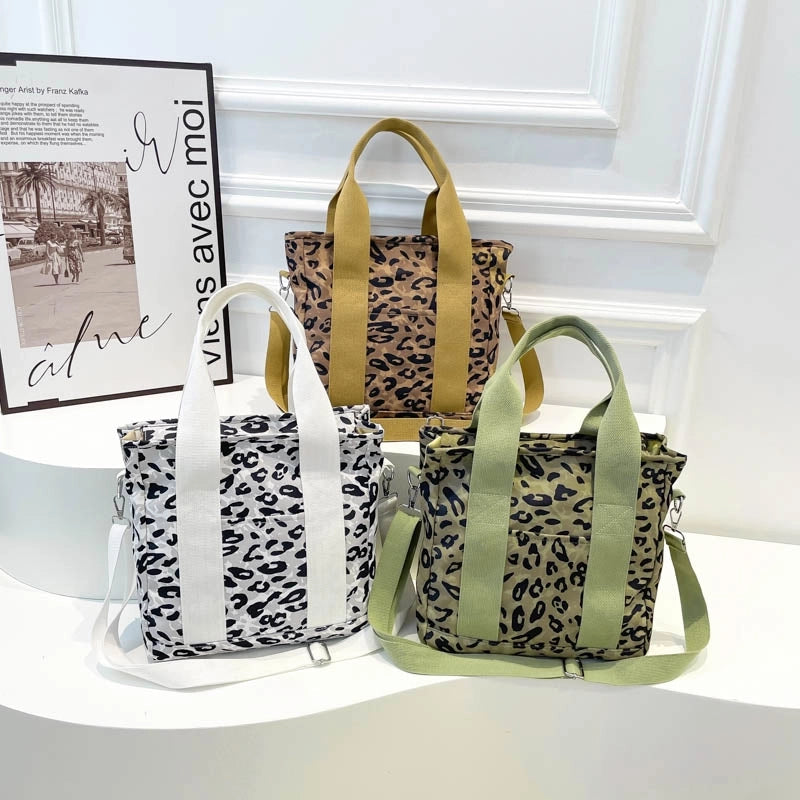 Women's Nylon Leopard Classic Style Square Zipper Tote Bag