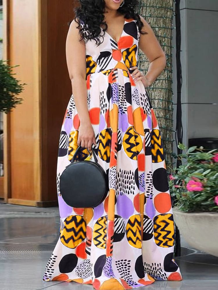 Geo Print Sleeveless A-line V-neck Swing Maxi Dress SKUJ43501 QueenFunky