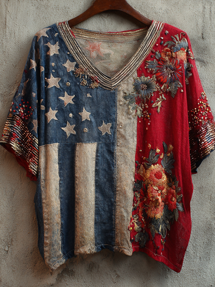  Women's Retro Floral And Flag Art Spliced Washed Casual V-neck Short Sleeve Top Westsshops