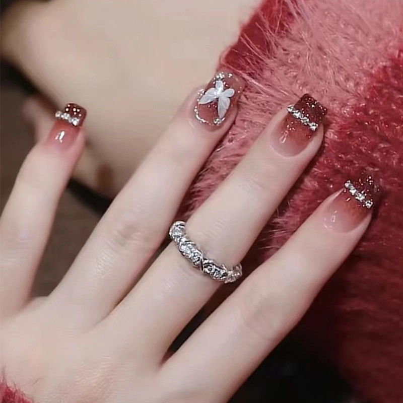 Wear Nail Beauty Nail Piece TikTok Hot Blush Gradient Butterfly Nail Sticker Finished Detachable Fake Nail