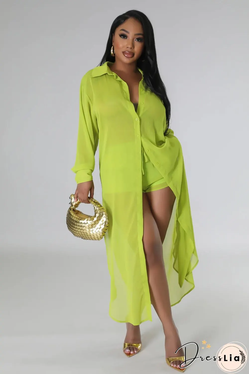 Long Sleeve Chiffon Shirt Dresses+Shorts Two Piece Set