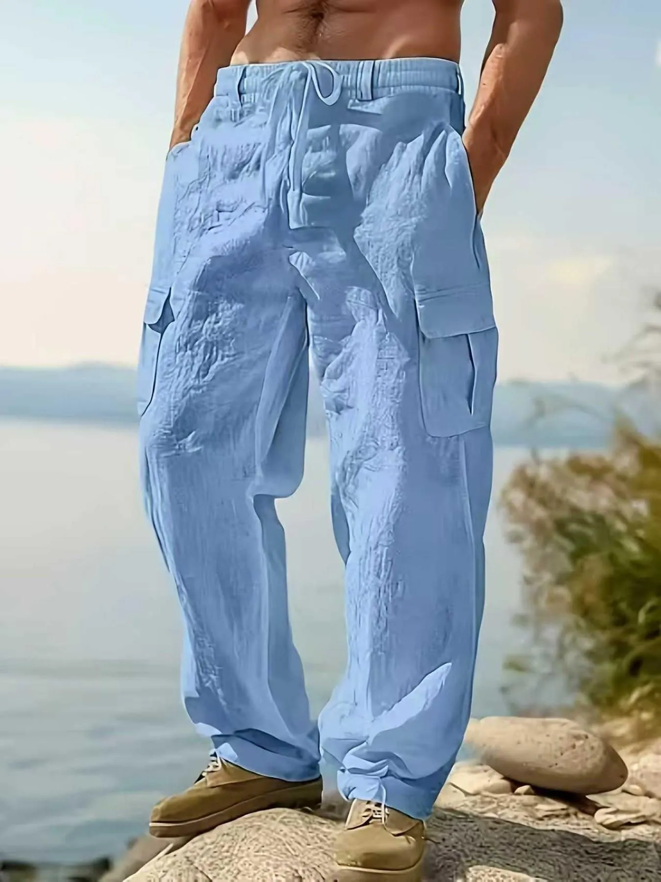 Men's Linen Cargo Pants Drawstring Multi-Pocket Straight Leg Breathable Outdoor Beach Classic Casual Long Pants, Casual Comfy Fashion, 2026 Cross-Border Fashion