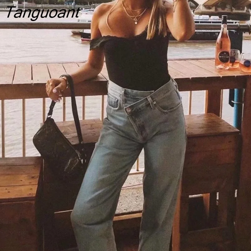 Tanguoant Vintage High Cross Waist Mom Jeans Retro Ripped Jeans Women Boyfriend Denim Pants High Street Long Trousers blue black