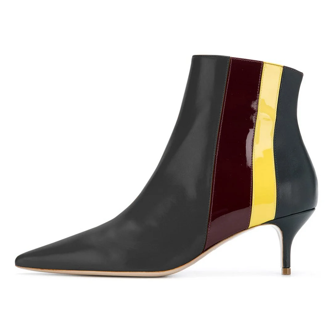 Black Side Zipper Multicolor Stripes Kitten Heel Short Boots for Women