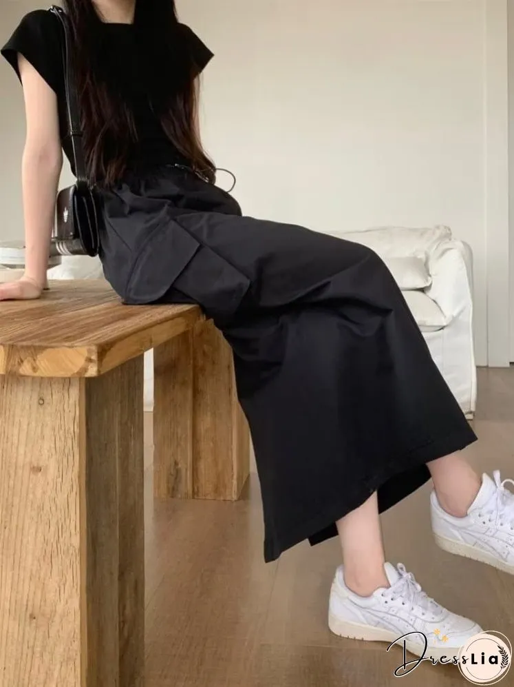 Joskka Long Cargo Skirt Women Korean Casual Split Drawstring Elastic Waist Pocket