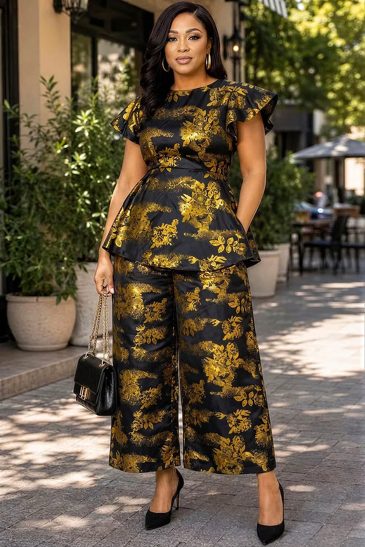 Xpluswear Design Plus Size Business Casual Gold Round Neck Flutter Sleeve Short Sleeve Pocket Ruffle Two Piece Pant Sets 2024 - Xpluswear