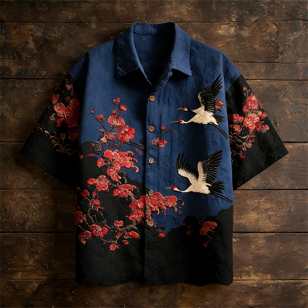 Japanese Plum & Crane Totem Vintage Men's Linen Short Sleeve Shirt  artssus