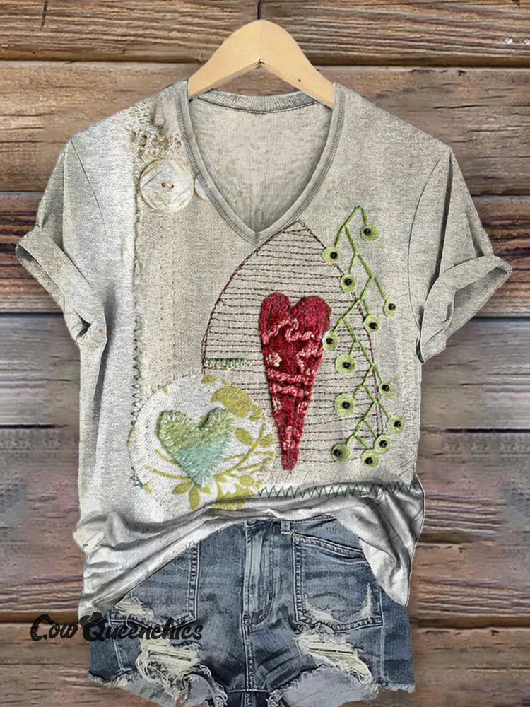 Women&rsquo;s Vintage Heart Art Print V-neck Casual T-Shirt Multicolor / S