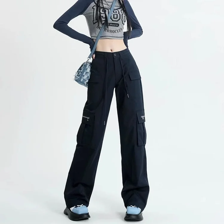 Ohanaparts American Retro High Street Casual Overalls Solid Color Loose Wide Leg Pants Women Hip-hop Drawstring Cargo Y2k Grunge Trousers