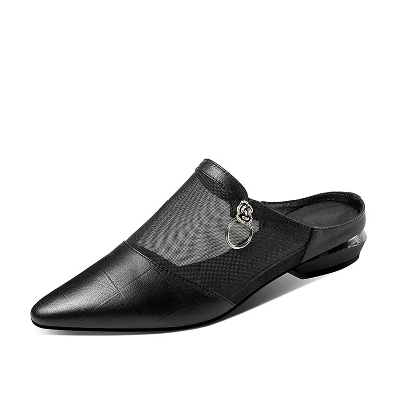 Qengg MCCKLE Women Summer Slippers Pointed Toe Thick Heel Hollow Mesh Sandals Slip On Ladies 2021 Fashion Slides Female Casual Shoes