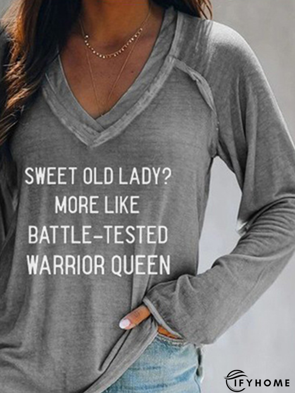 Letter Long Sleeve V-neck Casual Tunic T-Shirt | IFYHOME