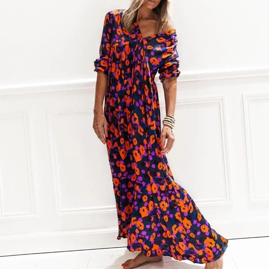 Fashion Vintage Printed V-Neck Long Sleeve Loose Vacation Dress