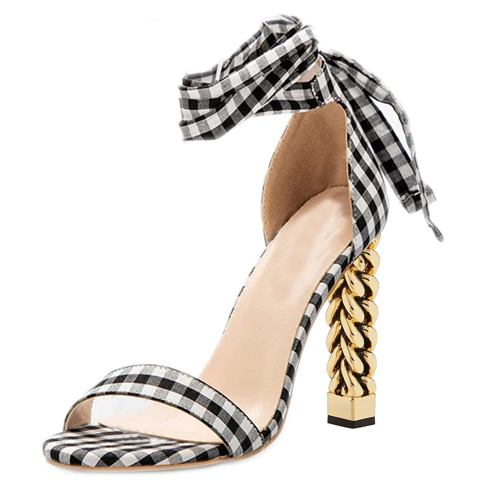 White & Black Plaid Round Toe 4'' Decorative Heel Ankle Strap Sandals Nicepairs