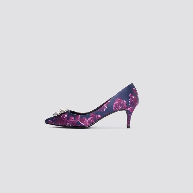 Navy Floral Heels Crystal Embellished Stiletto Heel Pumps |FSJ Shoes