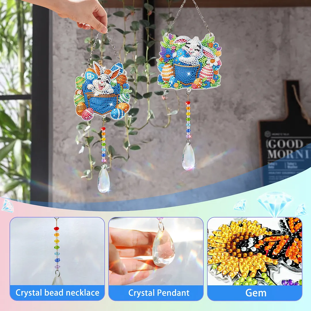 2Pcs Pocket Rabbit DIY Acrylic Diamond Painting Art Wind Chimes with Crystal Pendant Diamond Art Hanging Pendant Double-Sided for Adults Beginners Gift Home Garden Decor