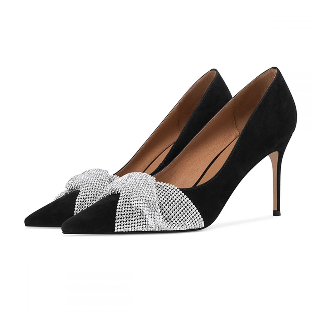 Elegant Black Vegan Suede Rhinestone Twist Strap Decor Pumps Heels Nicepairs