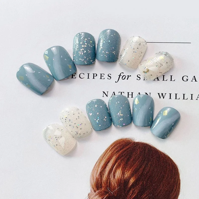 24pcs Gray blue marble pattern short false nails round head press on nails with designs for grils acrylic artificial nail tips-Nail Inspo