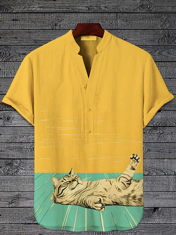 Men's Lazy Lying Cat Color Block Art Print Half Button Short Sleeve Shirt