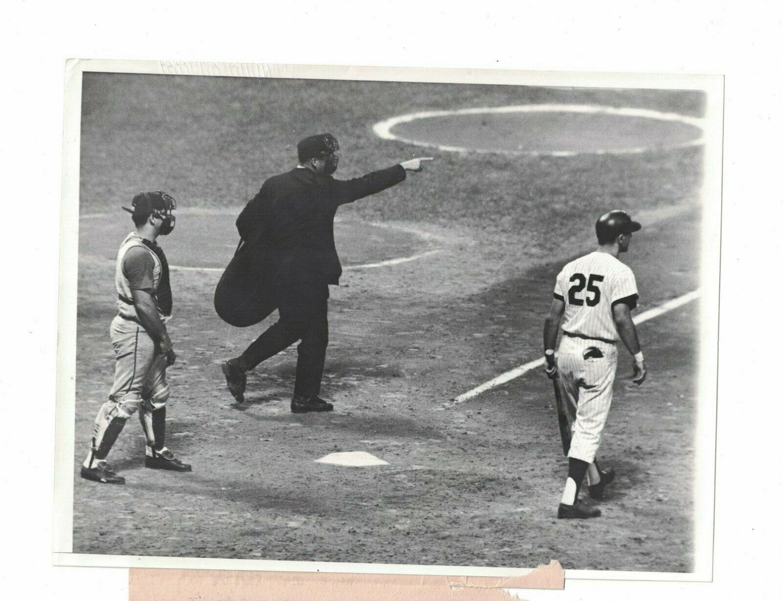 1963 Joe Azcue Indians Joe Pepitione Lou DiMuro Umpire USED AP Wire Photo Poster painting CH53