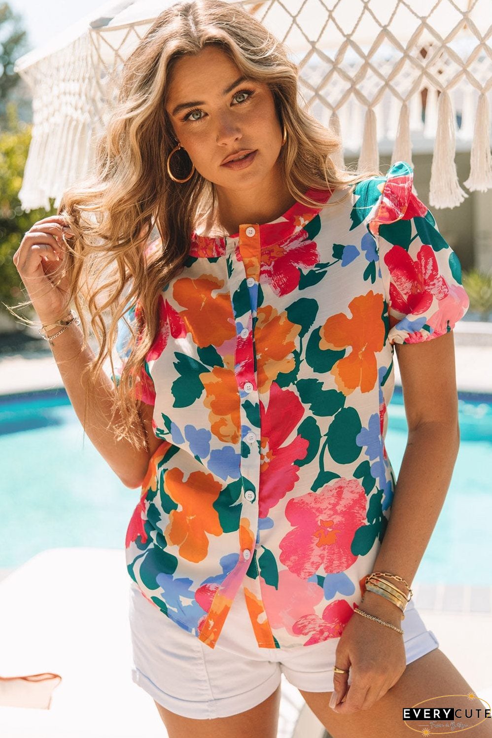 Floral Fantasy Puff Sleeve Blouse with Ruffle Detail