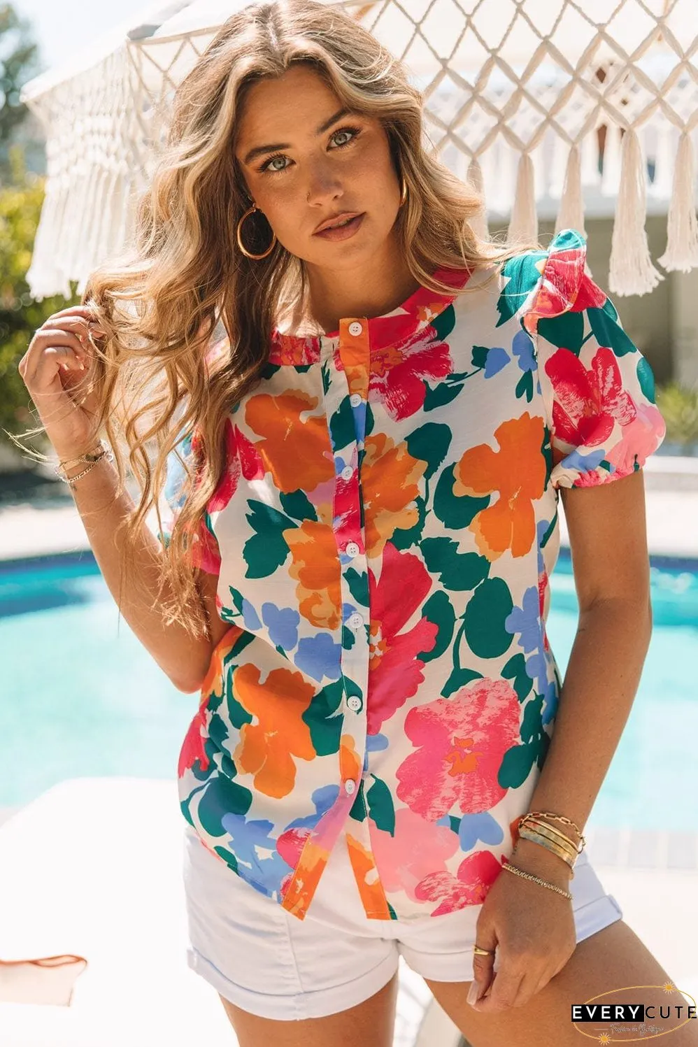 Floral Fantasy Puff Sleeve Blouse with Ruffle Detail