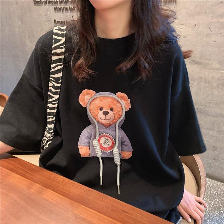 Harajuku Oversized Half Sleeve Top Tee Shirt Femme 2021 Korean Style Clothes Women Kawaii Anime Bear Cotton Chic O-Neck T Shirt