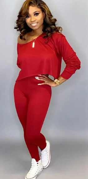 Women 2 Piece Outfits Long Sleeve Off Shoulder Crop Top Pants Set Casual Jumpsuit Autumn long Sleeve Pure  legging