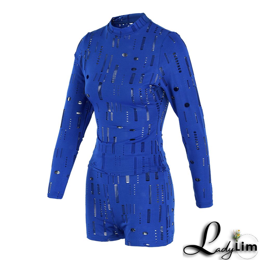 Black Fashion Sexy Solid Ripped Half A Turtleneck Long Sleeve Two Pieces