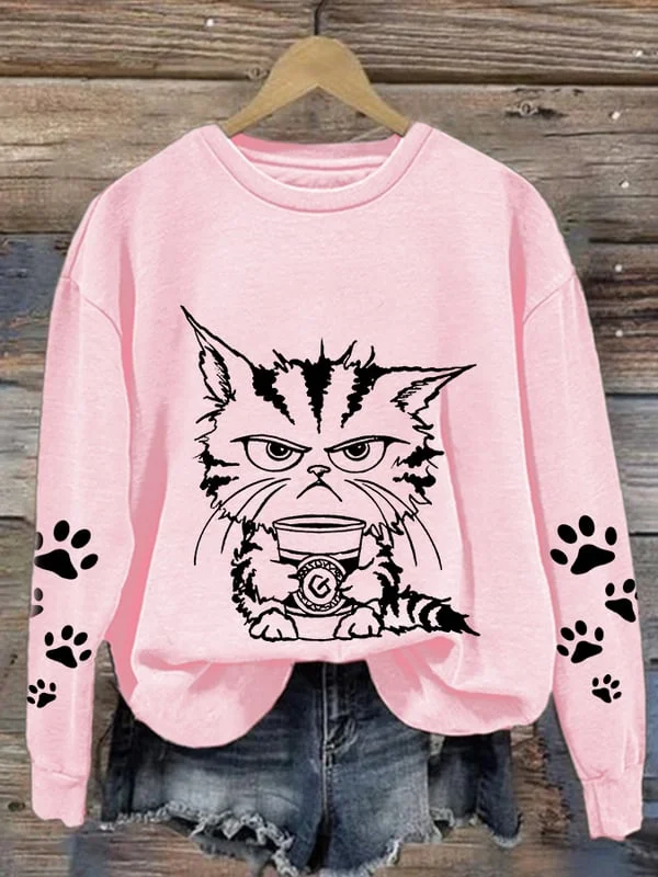 Women's Black Cat With Coffee Printed Sweatshirt