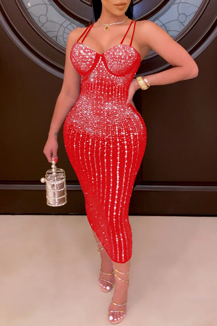 Red Sexy Plus Size Hot Drilling Backless Spaghetti Strap Sleeveless Dress
