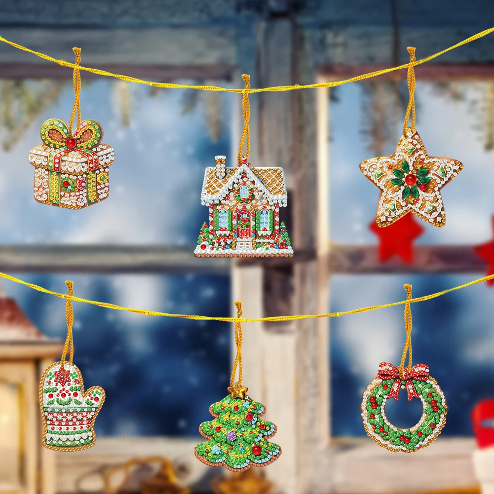 6pcs Xmas Cookies 2D Flat DIY Diamond Painting Art Pendant Wall Door Decoration