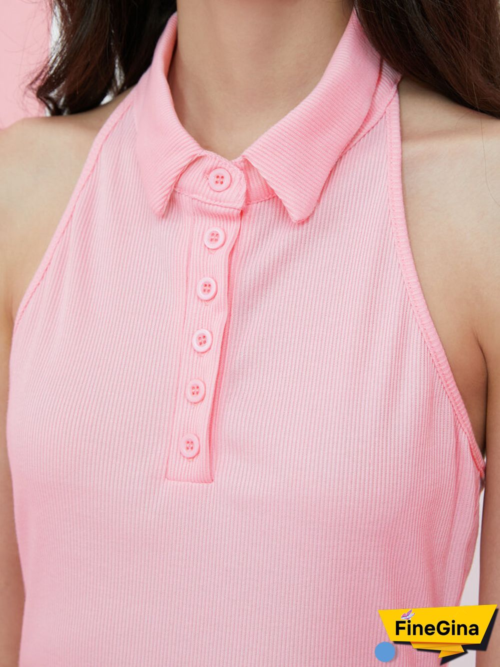 Pink Halter Ribbed Open Back Button Mini Bodycon Dress