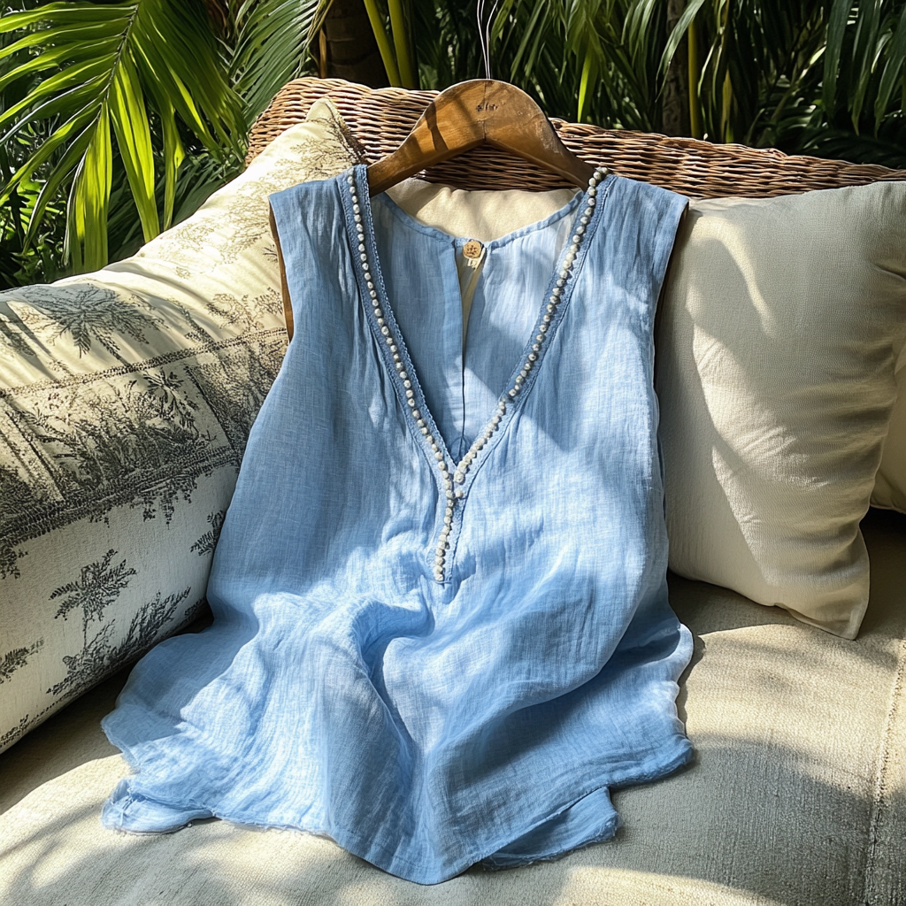  Elegant V-Neck Pearl Trim Sleeveless Top for Summer