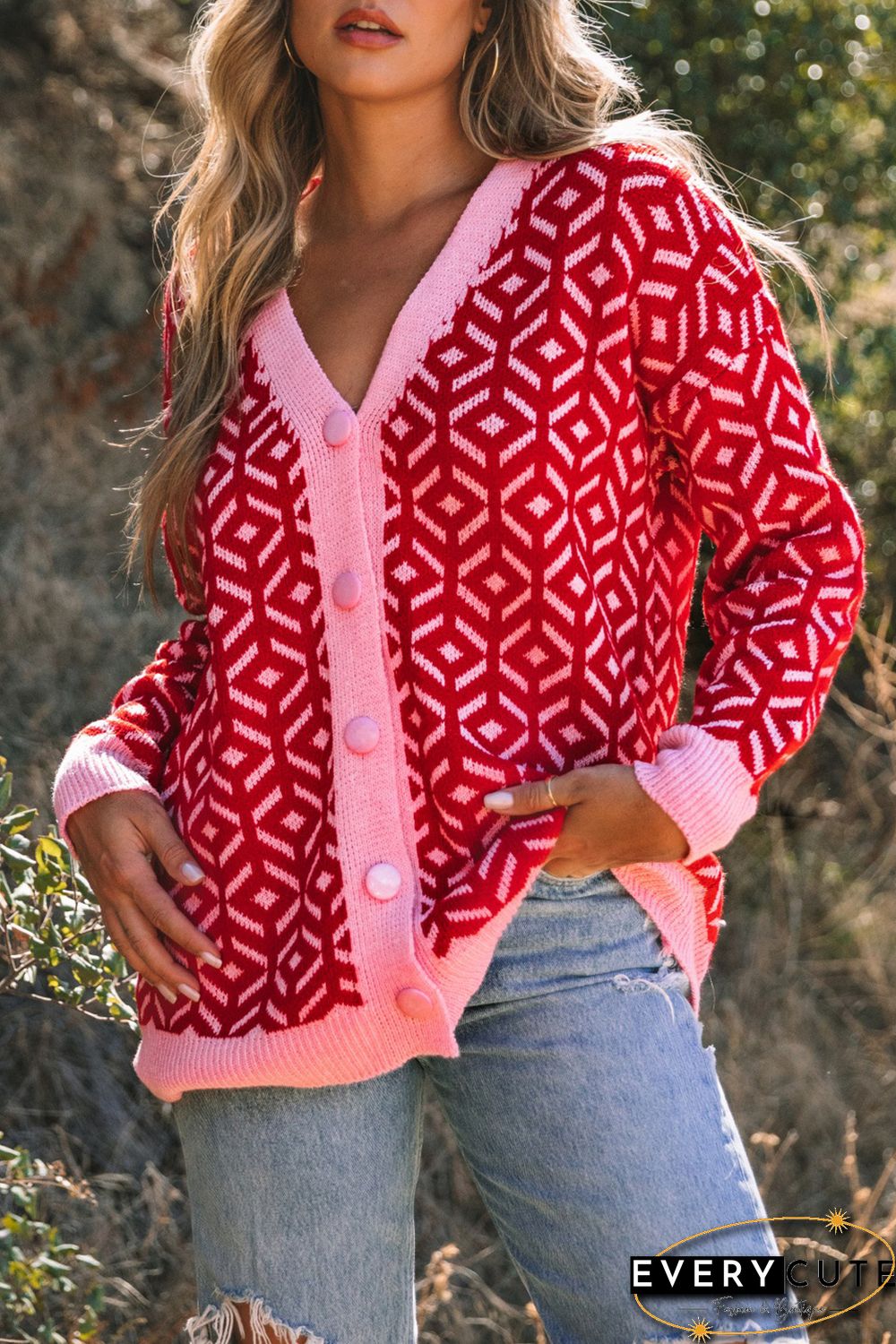 Rose Geometric Print Buttoned V Neck Cardigan