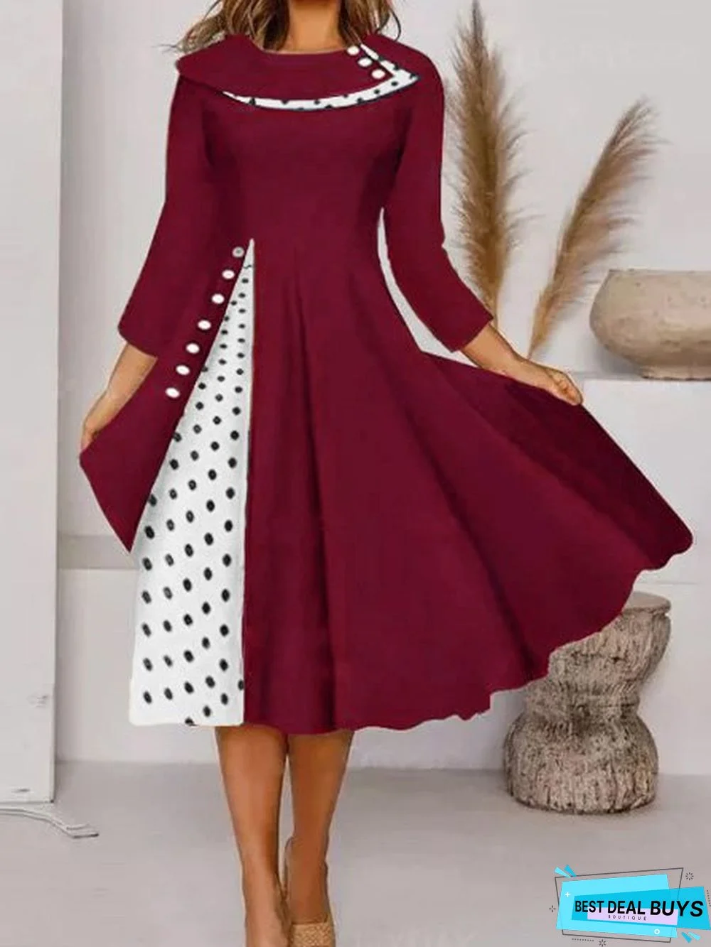 A-Line Casual 3/4 Sleeve Bateau/Boat Neck Knitting Dress