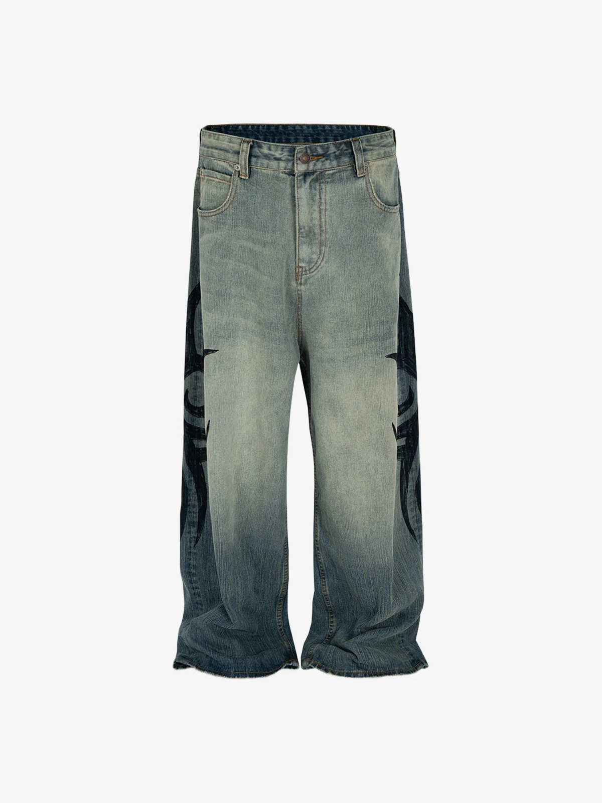 Blue Act Chic Washed Distressed Totem Print Baggy Jeans Front