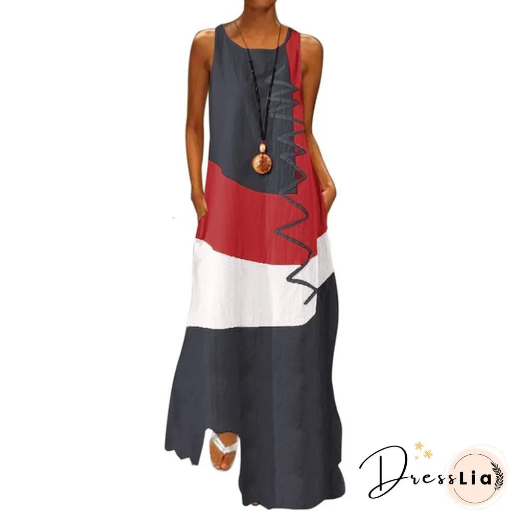 Vintage Color Stitching Maxi Dress Women's Summer Sundress Casual Sleeveless Tank Female O Neck RobeCIU8